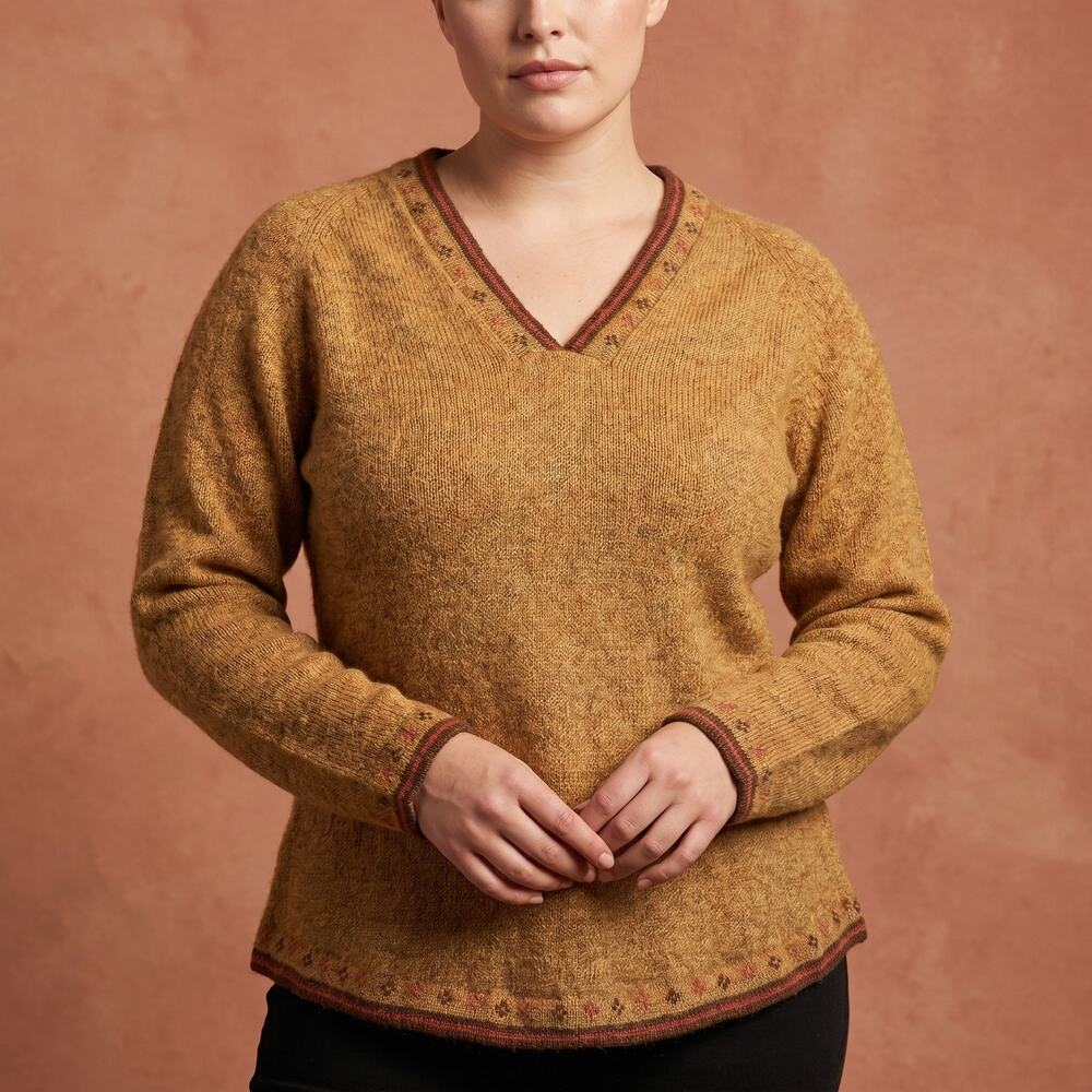 La Vicunita Women's V-Neck Sweater 100% Baby Alpaca Peru Boho Mustard M